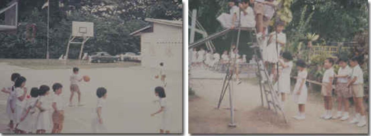 Children playing basketball on an outdoor court with a hoop, trees and a building visible in the background.